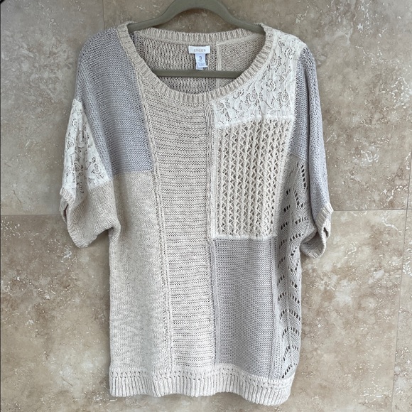 Chico’s Shabby Chic Priscilla Patchwork Sweater Neutral Beige Knit Top Sz 3 Lace - Picture 2 of 10